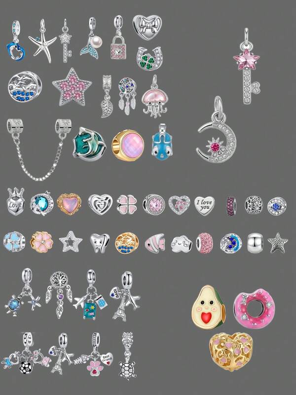 Joyas de cuentas de metal con agujero grande, adecuadas para pulsera de cadena de serpiente, luna, estrella, océano, medusa, aguacate, anillo de fruta, colgante de forma de corazón con CZ, accesorios para hacer joyas DIY, regalo para mujeres