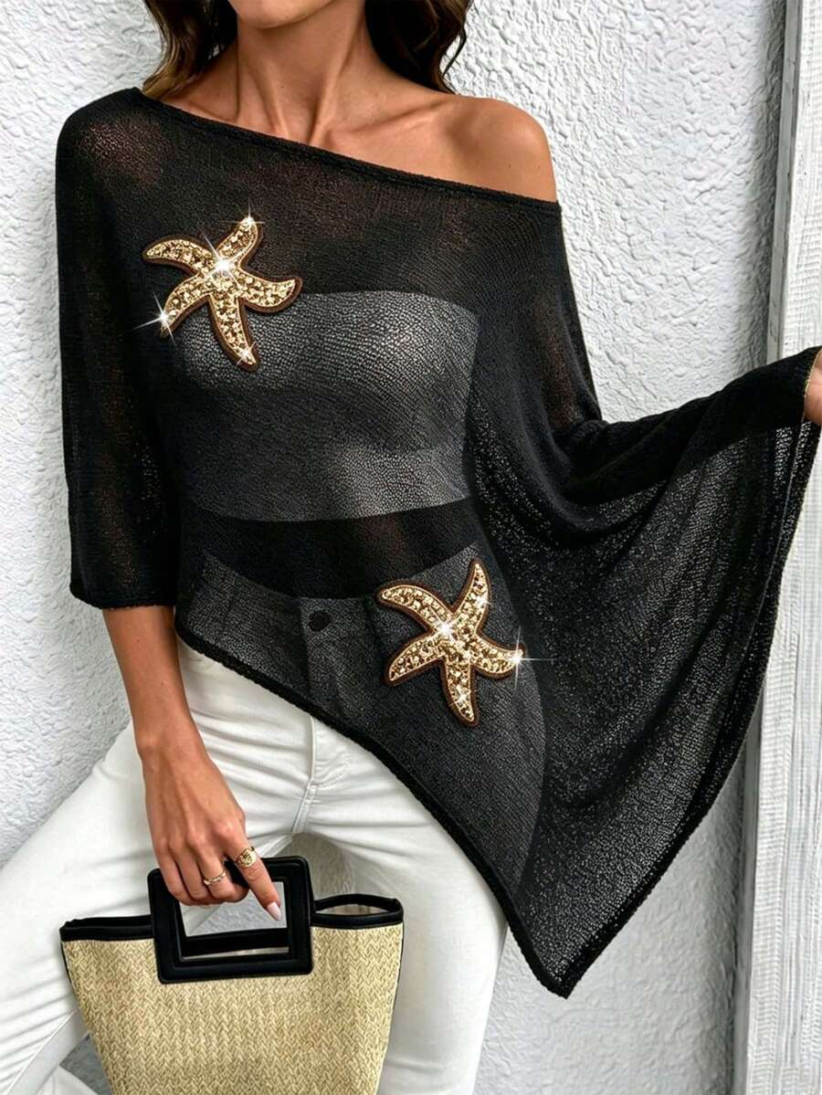 Plus Size Starfish Pattern Vacation Style Asymmetrical Design Cape Knit Top Black Summer