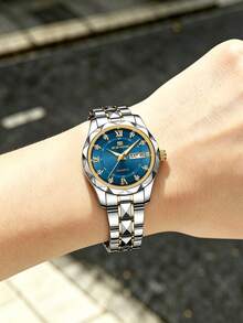 Women's Quartz Watch 28mm Mini Dial Luxury Dial Rhinestone Markers Day Date Clock Stainless Steel Rivet Strap Quartz Movement Wristwatch Suitable For Women's Gift, Daily Wear, Formal Occasions Fashion Women's Popular Accessory Watch - Blue - View 7
