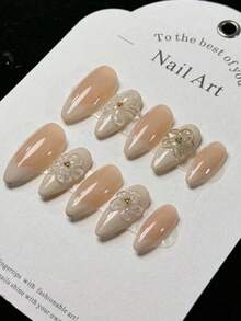 10pcs Pure Handmade White French Edge 3D Flower Daily Nude Exquisite Cute Simple Fashion High-End Fake Nails Handmade Press On Nails - White - View 3