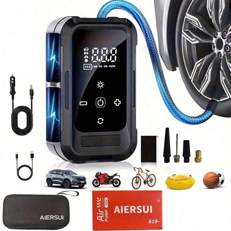 Tire Inflator Pump, Portable Air Compressor 150 PSI Wireless Handheld Car Air Pump, Built-In LED Light, Upgraded Model, With EVA Storage Box 11.1V/DC12V 1300mAh, Suitable For Car/Motorcycle/Bicycle/Basketball, Essential Car Accessory/Gift - Black - View 1