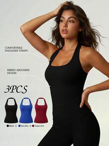 UONNOU 3 Packs Women's Sculpting Halter Tank Top, Sexy Open Back Slim Fit Sports Bra For Yoga, Gym & Casual Wear - Multicolor - View 11