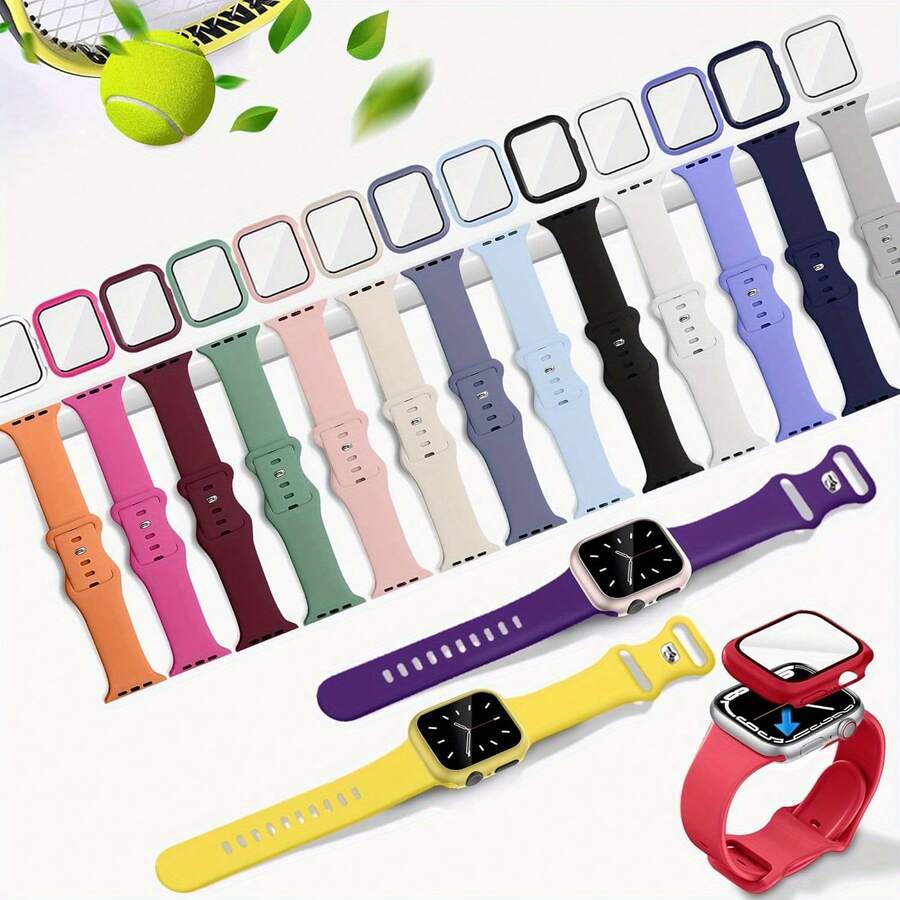 Soft Silicone Sports Watch Band With Case | Comfortable Adjustable Wristband & 2-In-1 Screen Protector Case, Compatible With Series Ultra/SE/10/9/8/7/6/5/4/3/2/1, Smartwatch Accessories 38/40/41/42/44/45mm - Multicolor - View 1