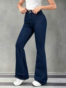 YANGCANREN Celana Jeans Flare Slim Fit dengan Kantong Pengencang Pinggang untuk Remaja Perempuan - Biru - View 5