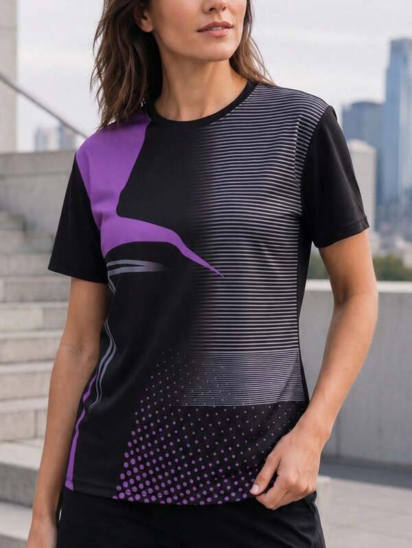 Women's Striped Polka Dot Print Short Sleeve Sports T-Shirt