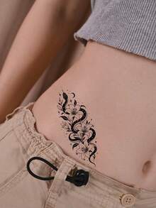 12 Exquisite Snake & Flower Temporary Tattoos, Featuring Various Poses Of Snakes With Elements Like Roses, Skeletons, Lilies, Thorns, And Eyes, Suitable For Men And Women For Full-Body Use, Realistic And Waterproof For Long-Lasting Effects - Black - View 5