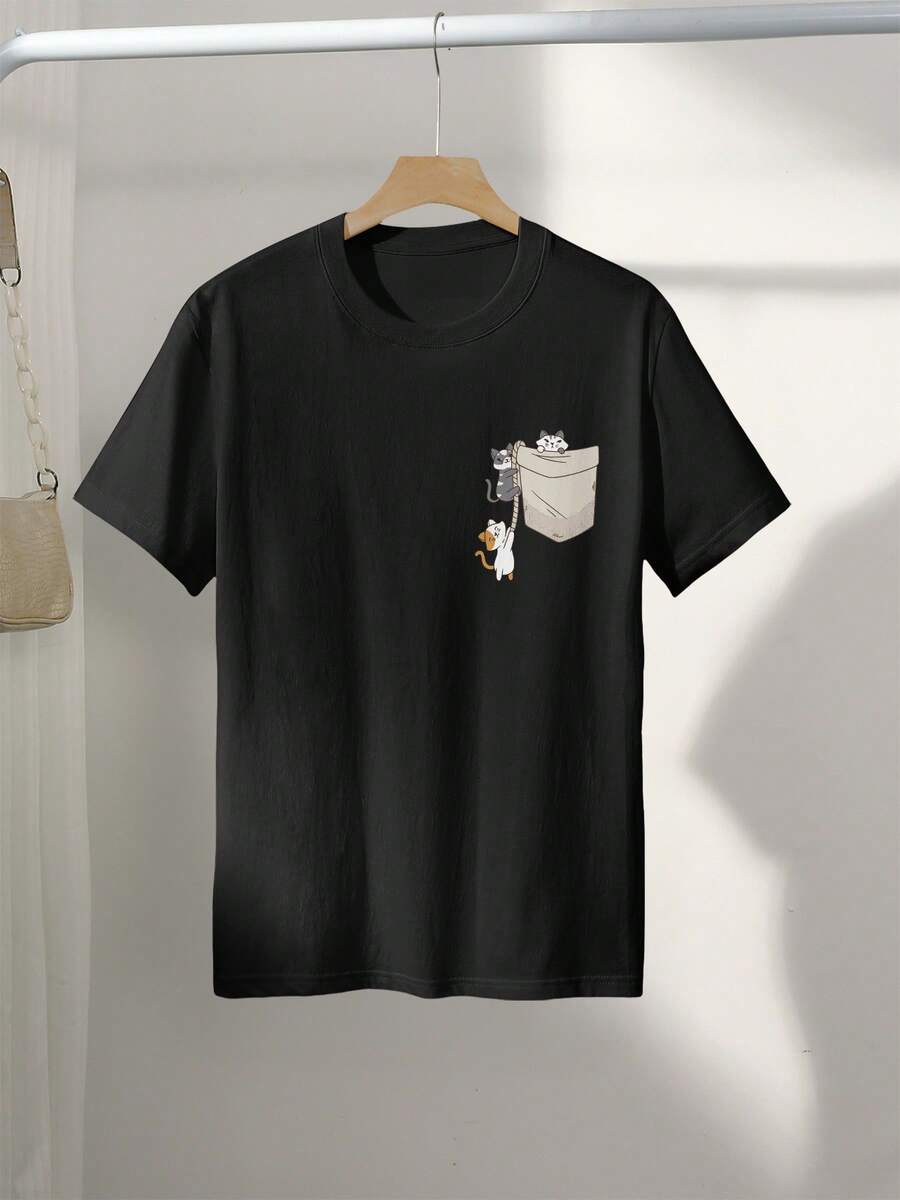 Cute And Fun T-Shirt With Cat Print, Short Sleeves And Round Neck. - 黑色 - 查看 1