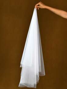 1 Pc Simple Solid Color Single Layer Chiffon Bride Veil, Wedding Hair Accessories - White - View 9