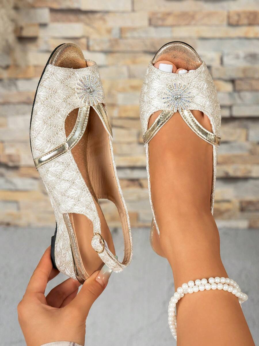 Sandalias de cuña con punta abierta y decoración de girasol de rhinestone con tira de tobillo ajustable para mujer, versátiles para fiesta y uso diario, verano