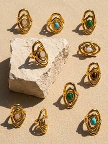 1 Piece 304 Stainless Steel 18K Gold-Plated Asymmetric Multi-Layer Hollow Natural Stone Open Ring/Waterproof And Fade-Resistant - Ring - View 5
