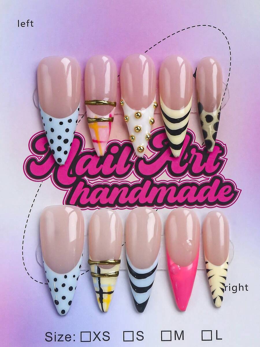 10pcs Handmade Almond Shape Y2K Style Nail Stickers, Multi-Element Contrast Color French Mix Print False Nails. Nude Base Hand-Painted Blue Polka Dots, Orange Plaid, Black & White Stripes, Leopard Print, Zebra Print French Pointed, Paired With Glitter Gradient Nail Surface, Suitable For Women, Party, Wedding, Daily Wear, DIY Nail Art, Nail Set, Includes Tool Kit - Multicolor - View 1