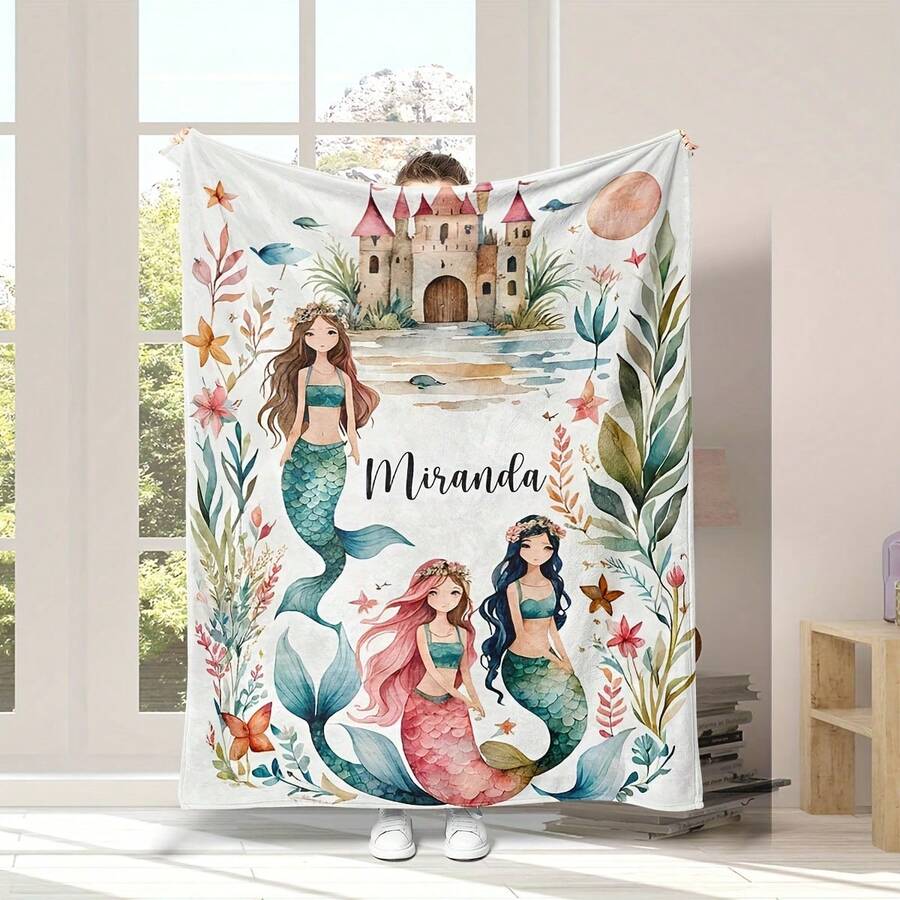 Customized Flannel Blanket, Printed With Exclusive Name, Numbered Mermaid Pattern And Pink Elements, Suitable For Bedroom, Living Room And Travel Scenes - Multi-Functional Practical Blanket