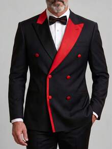 Men's Fashion Design Colorblock Double-Breasted Blazer, Light Business Style Suitable For Daily Wear, Casual Commute, Business Party And Banquet, Spring/Summer - Black - View 2