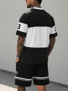 Fractyr Men's Racing Chicago 23 Letter Colorblock 2-Piece Set, Crew Neck Short Sleeve T-Shirt And Drawstring Racing Shorts Matching Sports Outfit - Black - View 4