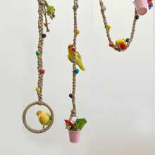 1pc Durable Hemp Rope Hand-Woven Parrot Climbing Swing, Bird Cage Toy With Colorful Wooden Beads And Round Swing, Helps Birds Chew And Relieve Boredom, Can Be Hung Horizontally Or Vertically In Bird Cage, Suitable For Small, Medium, Large Bird Cage Decoration Toy - View 2