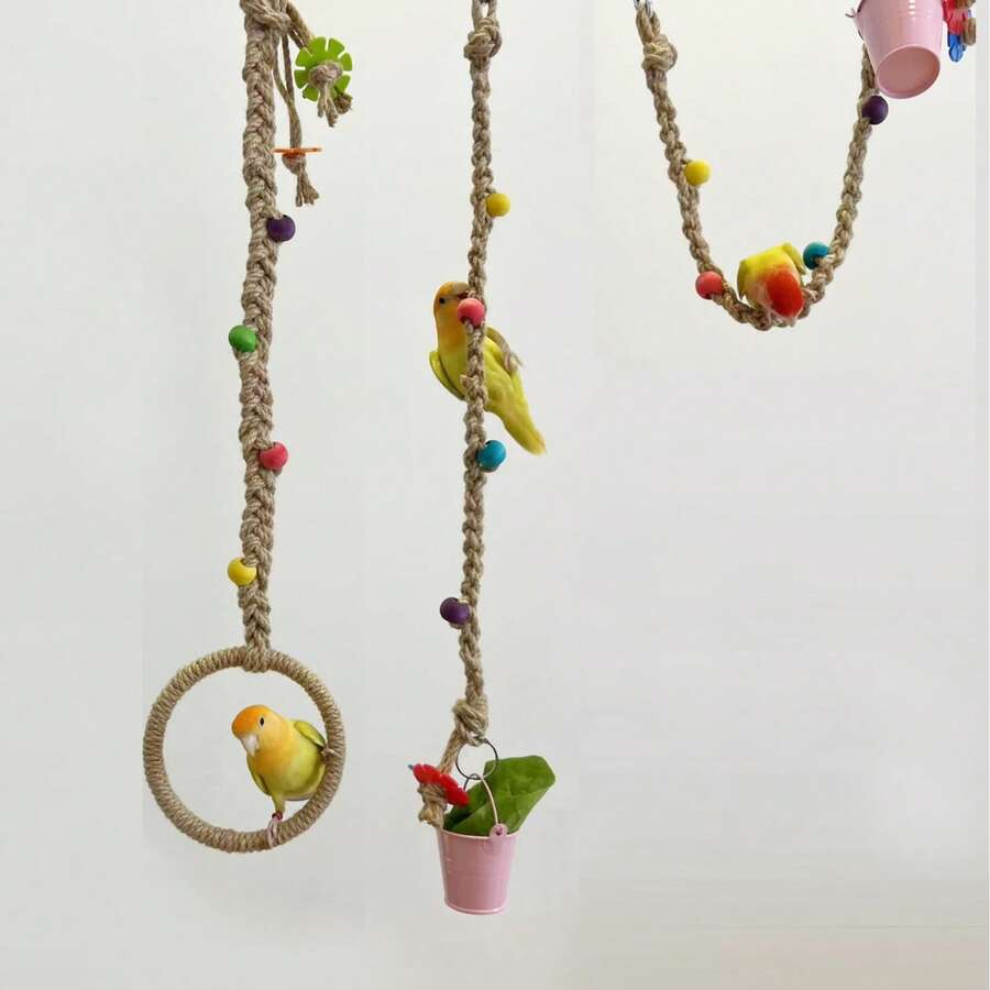 1pc Durable Hemp Rope Hand-Woven Parrot Climbing Swing, Bird Cage Toy With Colorful Wooden Beads And Round Swing, Helps Birds Chew And Relieve Boredom, Can Be Hung Horizontally Or Vertically In Bird Cage, Suitable For Small, Medium, Large Bird Cage Decoration Toy