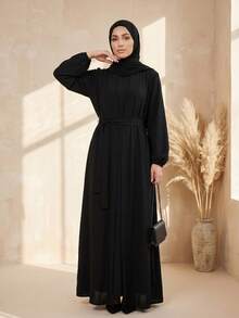 Hafizah Women's Solid Color Kimono-Style Abaya & Long Dress Set, No Hijab - Black - View 5