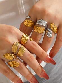 3pcs/Set Stainless Steel 18K Gold Plated Fashion Wing Feather Ring Set Suitable For Women Daily Wear, Party And Gathering - Multicolor - View 2
