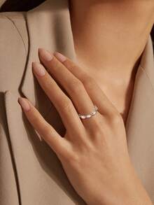 1pc S925 Sterling Silver Micro-Pave Oval Australian Style Ring Band, Elegant Design - Silver - View 2