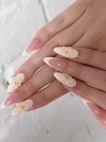 10pcs Pure Handmade White French Edge 3D Flower Daily Nude Exquisite Cute Simple Fashion High-End Fake Nails Handmade Press On Nails - White - View 1