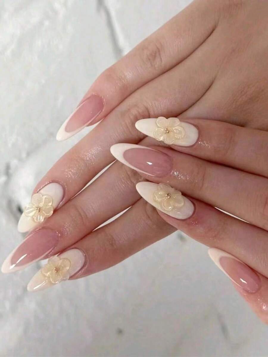 10pcs Pure Handmade White French Edge 3D Flower Daily Nude Exquisite Cute Simple Fashion High-End Fake Nails Handmade Press On Nails - White - View 1