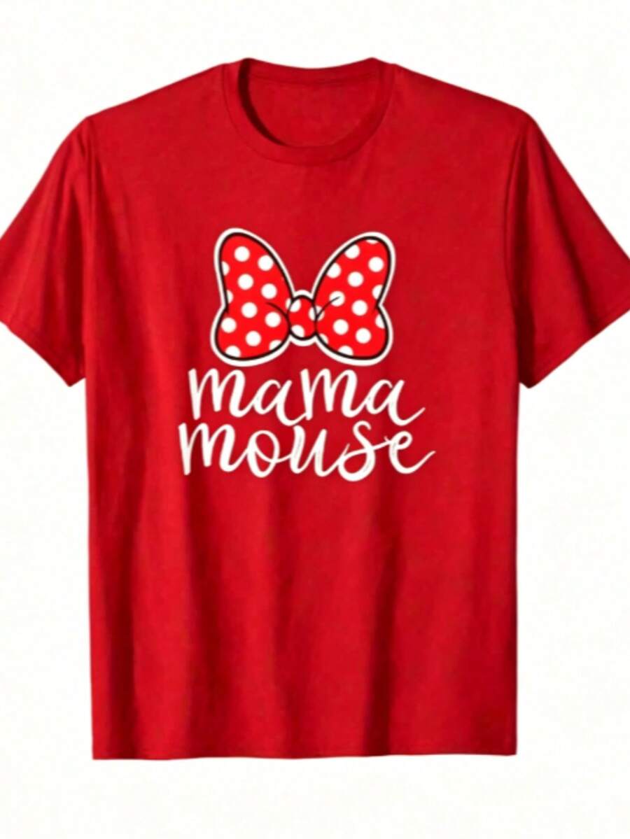 Chic Mama Mouse T-Shirt With Graphic Print, Short Sleeves, Cotton, Round Neck, Casual Style, Ideal Gift For Mom. - 紅色 - 查看 1