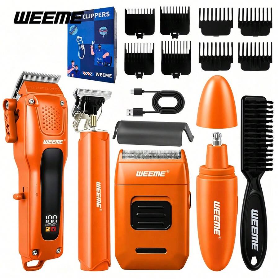 WEEME 4pcs/3pcs/2pcs Men's Professional Electric Shaver Set, With LED Display, Wireless Hair Clipper Shaver Beard Trimmer, Men's Hair Clipper Barber Scissors Set Gift - View 1