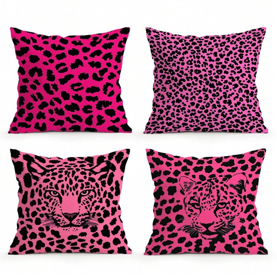 4pcs Pink Leopard Print Pillow Covers Without Inserts, Single-Sided Printed Pillow Covers, Suitable For Living Room Bedroom Home Decor, All Season Pillow Covers - Multicolor - View 1