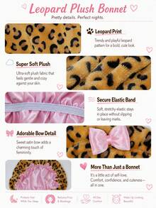 CONFLASS Leopard Print Bear Ear Satin Lined Sleep Cap, Cute Pink Bow Fleece Headband, Women's Curly Hair Protection Night Cap, Soft Plush Sleep Headband - Multicolor - View 3