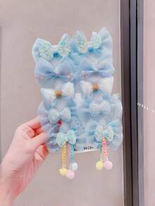 10pcs Light Blue Tulle Bow Hair Clips Set, Sequin Wings & Colorful Pom Pom Tassel Hair Clips, Fairy Princess Hair Accessories For Girls - Multicolor - View 2