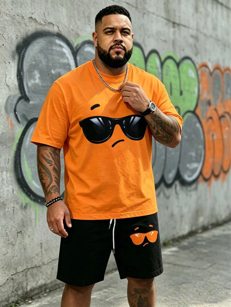 Men's Street Fashion Casual Cartoon Series "Funny Sunglasses Expression" Pattern Sports Suit - Polyester Knit Fabric, Round Neck Design, With Drawstring Shorts, Pocket Details, Regular Fit, Suitable For Plus Size - Multicolor - View 1