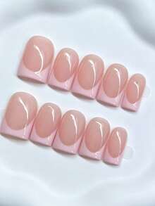 Shecass 10pcs High Quality Square Handmade Nail Stickers, Black French Nude Wearable Nails, Short Y2K Style, Summer Nails, Daily Wear, Graduation Trip Vacation Gift, Suitable For Party, Music Festival, Back To School Season - Multicolor - View 3