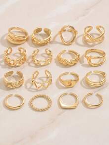 16pcs Minimalist Gold Stackable Ring Set, Mixed Geometric Hollow Twisted Heart Chain Knuckle Rings, Women's Fashion Jewelry Set - Gold - View 4