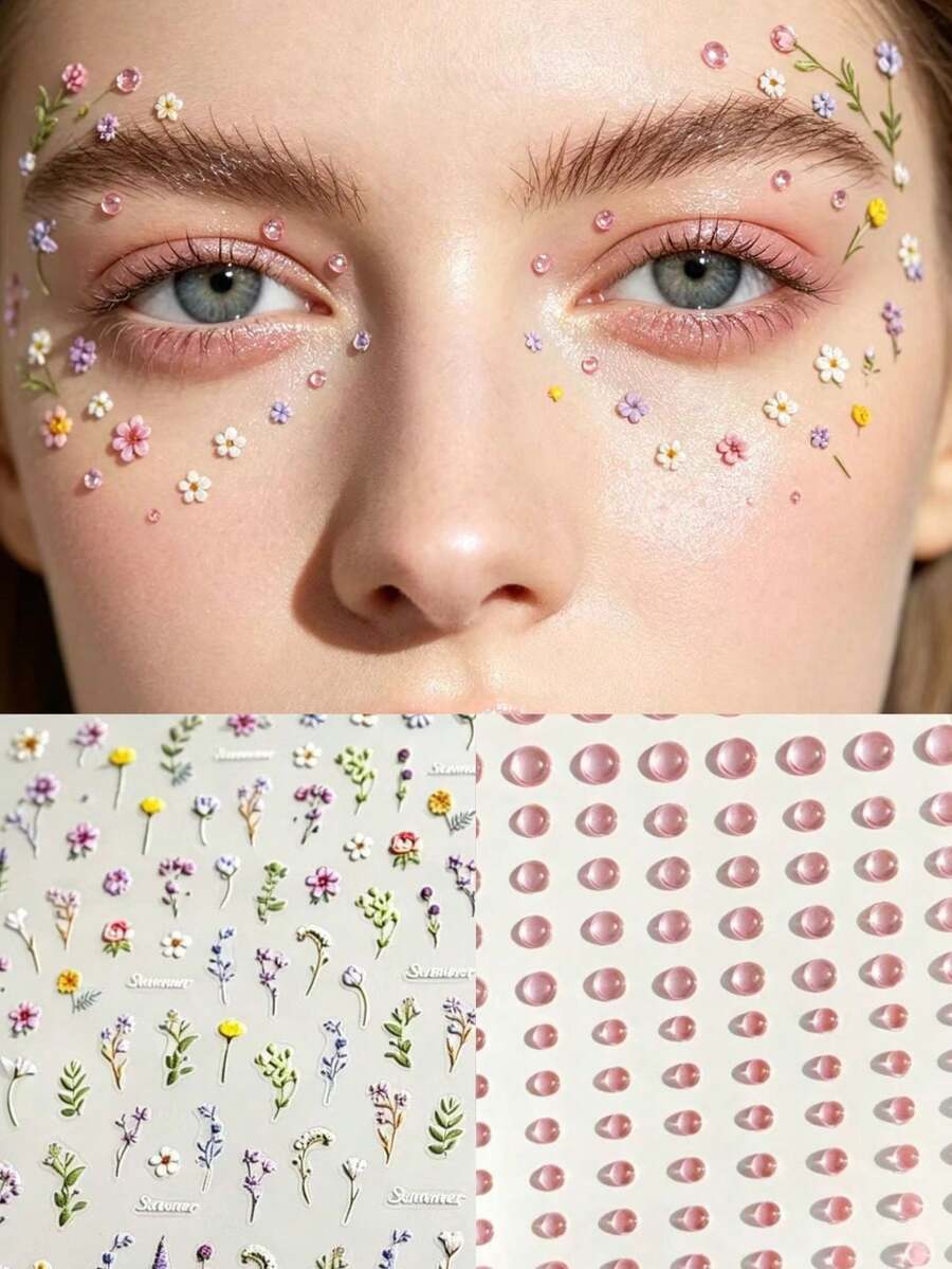 1 Set Macaron Colorful Ditsy Floral Face Decoration Stickers With Gradient Pink Transparent Semi-Circular Water Droplets, Thin Transparent Base With Self-Adhesive, Delicate Floral And Leaf Lines, Suitable For Forest Outdoor, Picnic Travel Photography, Spring Store Visits, Apply To Eyebrows, Eyes And Cheeks For Fresh Healing Dewy Face Glitter - Multicolor - View 1