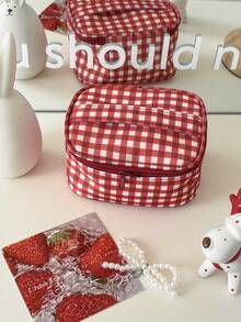 1pc/Set Vintage Red Plaid Mini Makeup Bag, Multi-Compartment Portable Cosmetic Storage Bag, Handheld Lipstick Organizer, Suitable For Travel And Daily Use - Red - View 14