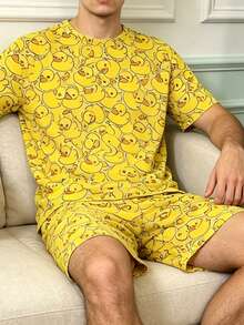 Men's Crew Neck 2 Pieces Short Sleeve & Shorts Duck Print Casual Set - Multicolor - View 1