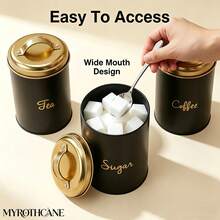 Myrothcane 3pcs Black Gold Tea Coffee Sugar Canister Set, Stainless Steel Airtight Storage Jars With Golden Lids, Modern Kitchen Counter Storage Container - Gold - View 5