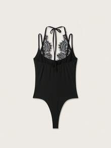 THREADLY 夏季新款女士时尚性感撞色蕾丝吊带连体衣优雅黑色 - 黑色 - 查看 3