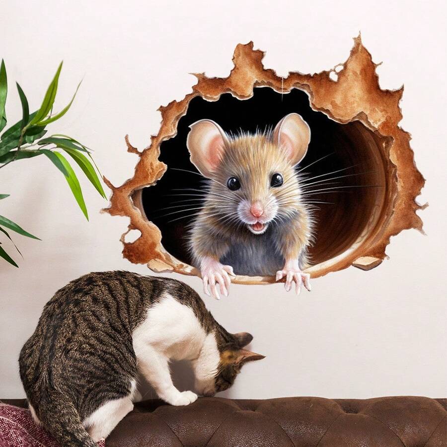 Personalized Mouse Hole Wall Sticker, Cute Cartoon Animal Decal, Home Decor Self-Adhesive Sticker, Reusable, Perfect For Living Room, Bedroom, Kitchen, Bathroom Decoration - 1PC - View 1