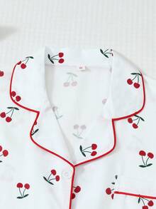 2 Pieces Set Comfortable Cherry Print Lapel Button Short Sleeve Top With Pocket And Bow Shorts, Spring/Summer Women's Pajamas Loungewear Set Suitable For Home Use - White - View 3
