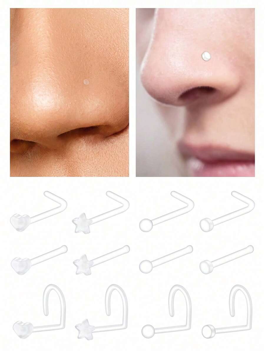 CIZME 3件裝透明心形鼻環、生物彈性鼻環、L型螺旋鼻環,中性身體穿刺飾品,鼻穿刺固定環 - 透明色-A - 查看 1