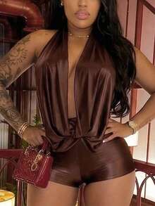 Women's Summer Club Outfits Backless Rompers Rave Date Night Twist Knot Halter Shorts Party Jumpsuits - Dark Brown - View 3
