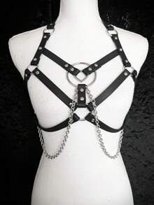 1 pieza Bustier con arnés de cadena con borlas en forma de corazón estilo punk oscuro para mujer, adecuado para fiestas rave - Negro - Ver 1