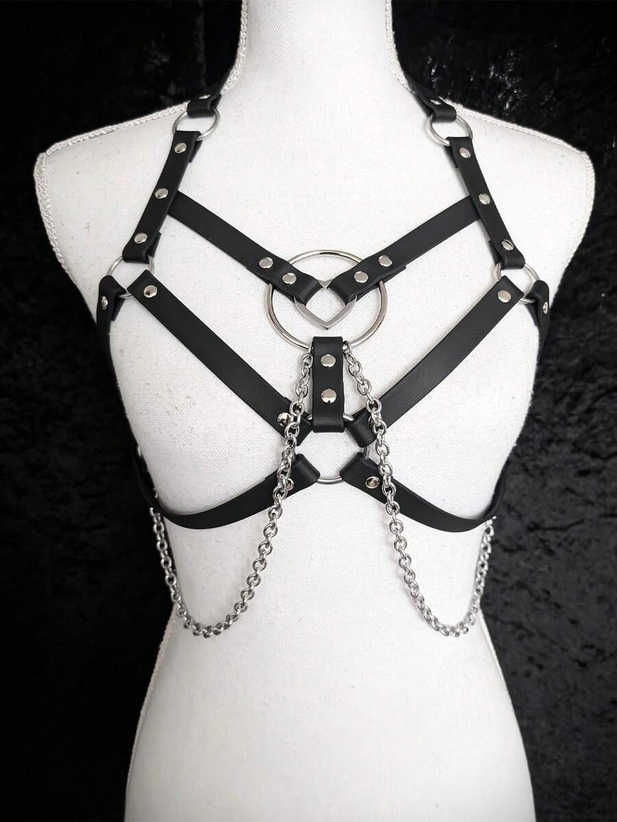 1 pieza Bustier con arnés de cadena con borlas en forma de corazón estilo punk oscuro para mujer, adecuado para fiestas rave - Negro - Ver 1