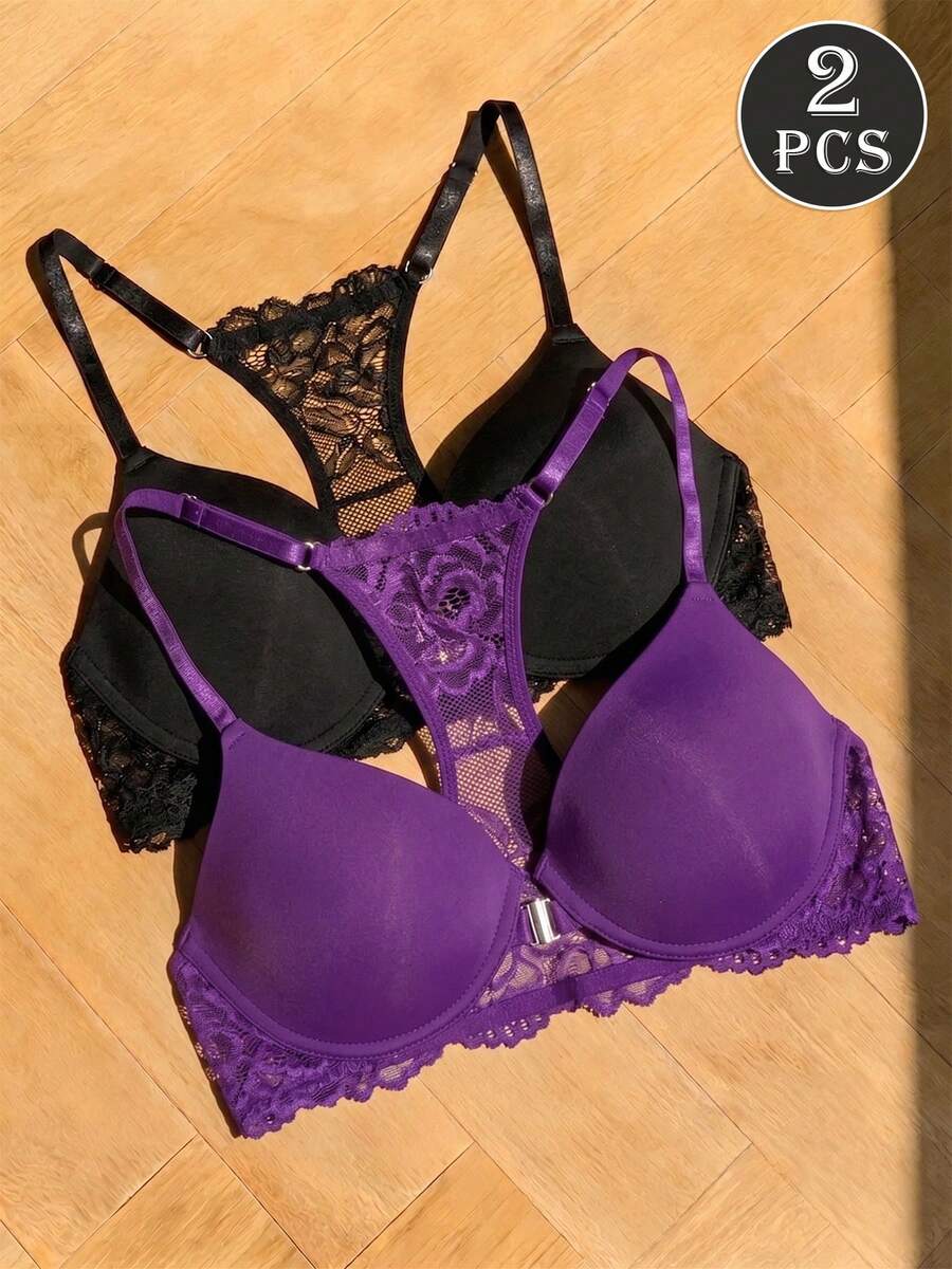 2件組蕾絲無痕女款露背內衣,前扣式鋼圈時尚舒適女用胸罩 - 彩色 - 查看 1
