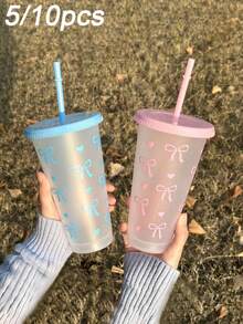10/5個 24oz可重複使用可愛蝴蝶結圖案吸管杯，加厚塑料材質，可裝水、咖啡、茶、牛奶、檸檬水、混合茶飲、果汁等，便攜易清洗，適合居家日常、辦公室、學校、派對、戶外休閒、生日派對、婚禮等補水選擇，生日、節日、週年紀念完美禮物 - 水瓶、夏季飲品、大容量飲具、玻璃杯、吸管杯、馬克杯 - 僅可選擇1根吸管 - 彩色 - 查看 2