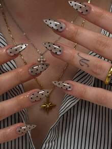30pcs Cat Eye Nude Press-On Nails, Medium Almond Shape Acrylic Fake Nails With Black Polka Dot Decor, Elegant Minimalist Style, Suitable For Daily Commute, Dating, Office, Party, Photography, Nail Salon Use, Reusable, Includes 1 Gel And 1 Nail File - Multicolor - View 1
