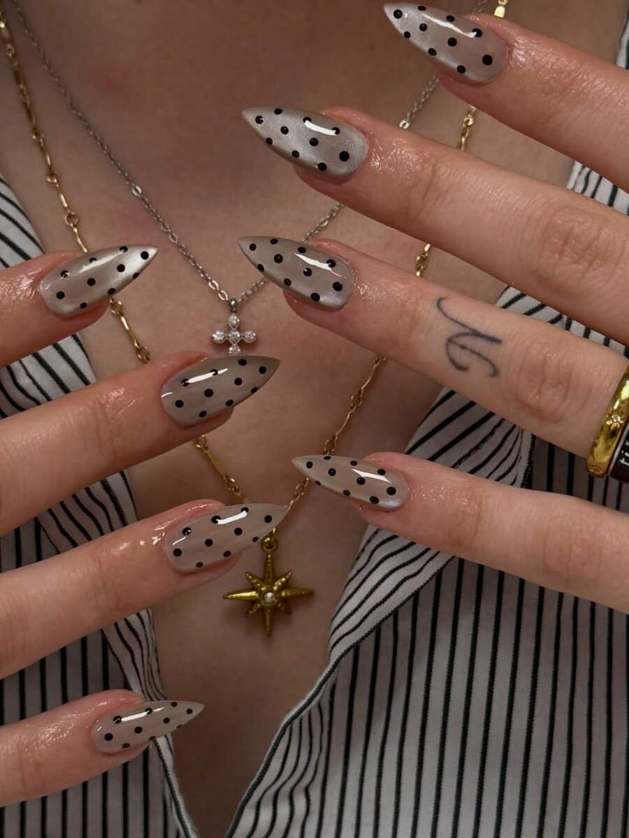 30pcs Cat Eye Nude Press-On Nails, Medium Almond Shape Acrylic Fake Nails With Black Polka Dot Decor, Elegant Minimalist Style, Suitable For Daily Commute, Dating, Office, Party, Photography, Nail Salon Use, Reusable, Includes 1 Gel And 1 Nail File - Multicolor - View 1