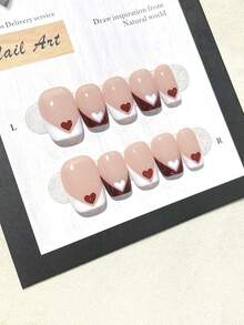 10PCS Handmade Pressing Nail Set Short Nail Square French Love Simple Jelly Powder Nail Set Long Pressing Nail Suitable For Party Or Daily Wear, Enhance Your Style, Comes With Two Jelly Glues And One Rubbing Strip Nails - Red and White - View 3