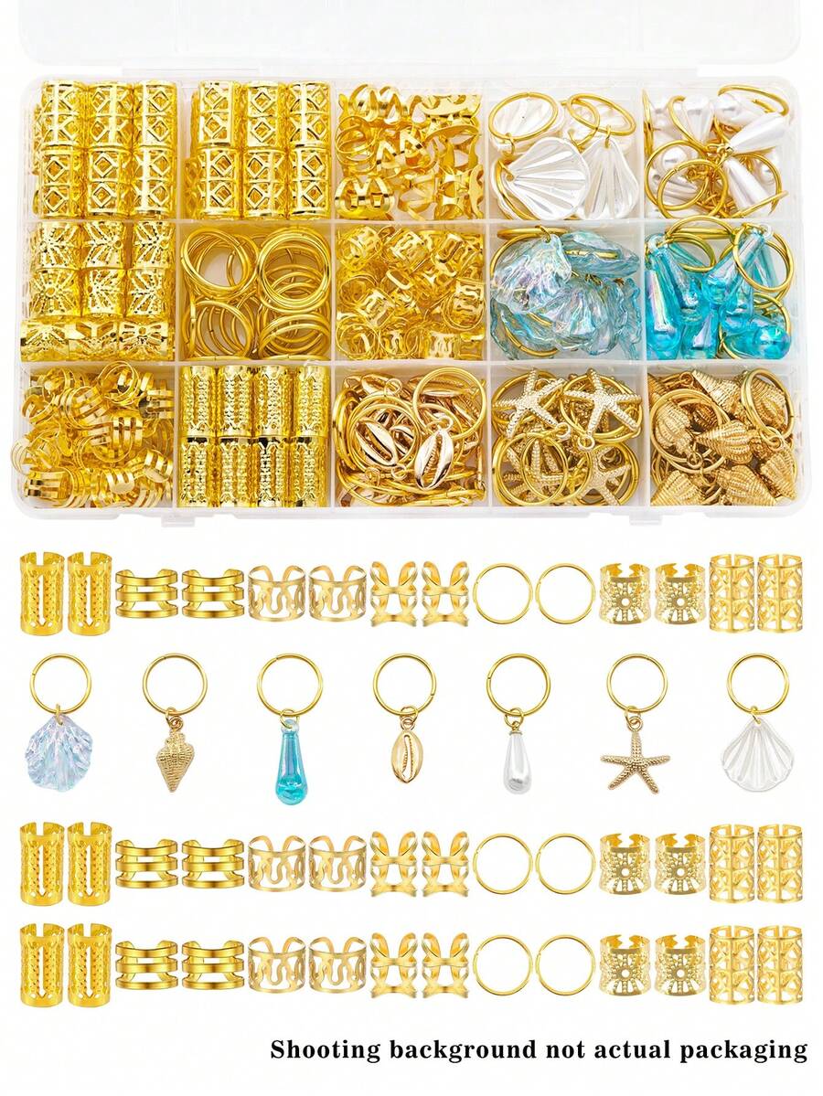 157pcs Ocean Style Hair Rings With Shell Starfish-Summer Vacation Adjustable For Girl's Braids - Gold - View 1